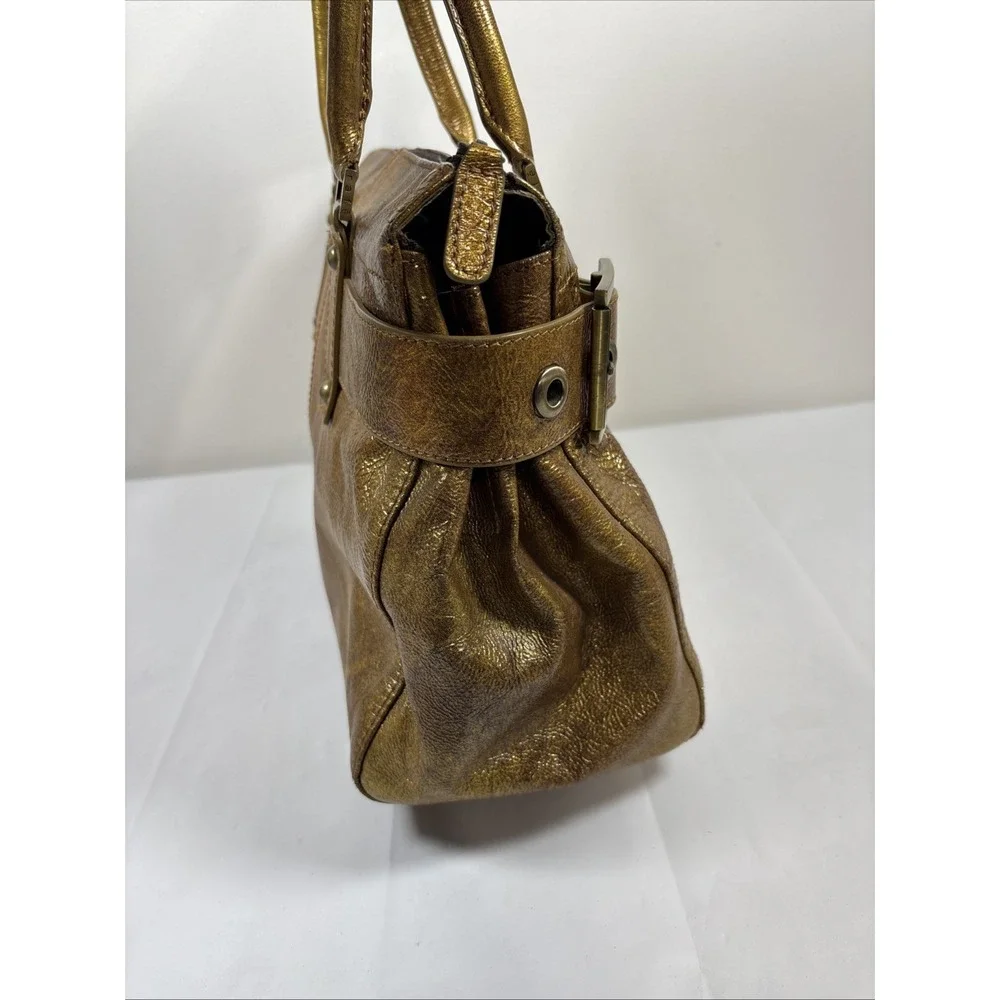 RAFE New York Metallic Gold Leather Handbag Purse Buckle DoubleHandle Retro Chic
